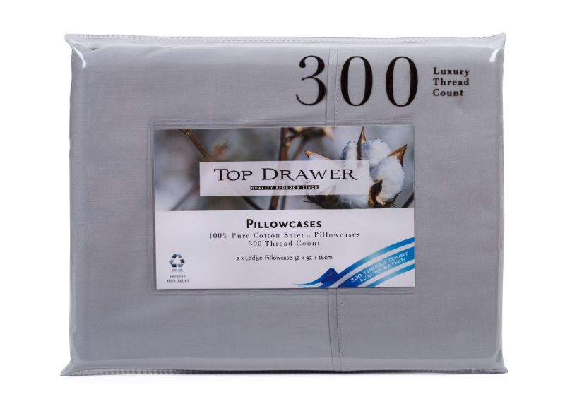 Luxurious silver sateen pillowcases, 100% cotton, 300 thread count, 52x92x16 cm, stylish and comfortable for restful sleep.