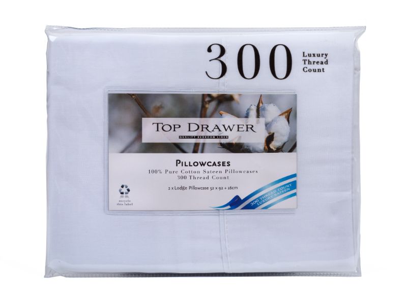 Lodge 2 Pack Cotton Sateen Pillowcases in white, 300TC, offering comfort, breathability, and a stylish bedroom upgrade.