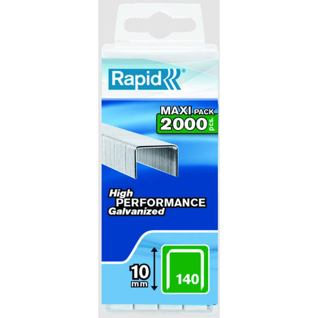 2000 Rapid 140/10 flat wire staples in a plastic box, ideal for secure stapling of plastic and non-fibrous materials.