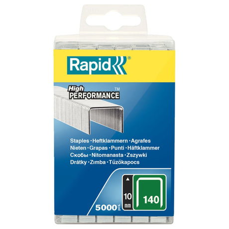 Rapid Staples 140/10 in a plastic box with 5000 flat wire staples for secure fastening of plastic and non-fibrous materials.