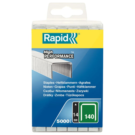 Rapid Staples 140/14 pack containing 5000 flat wire staples, 14mm leg length, suited for plastic and non-fibrous materials.