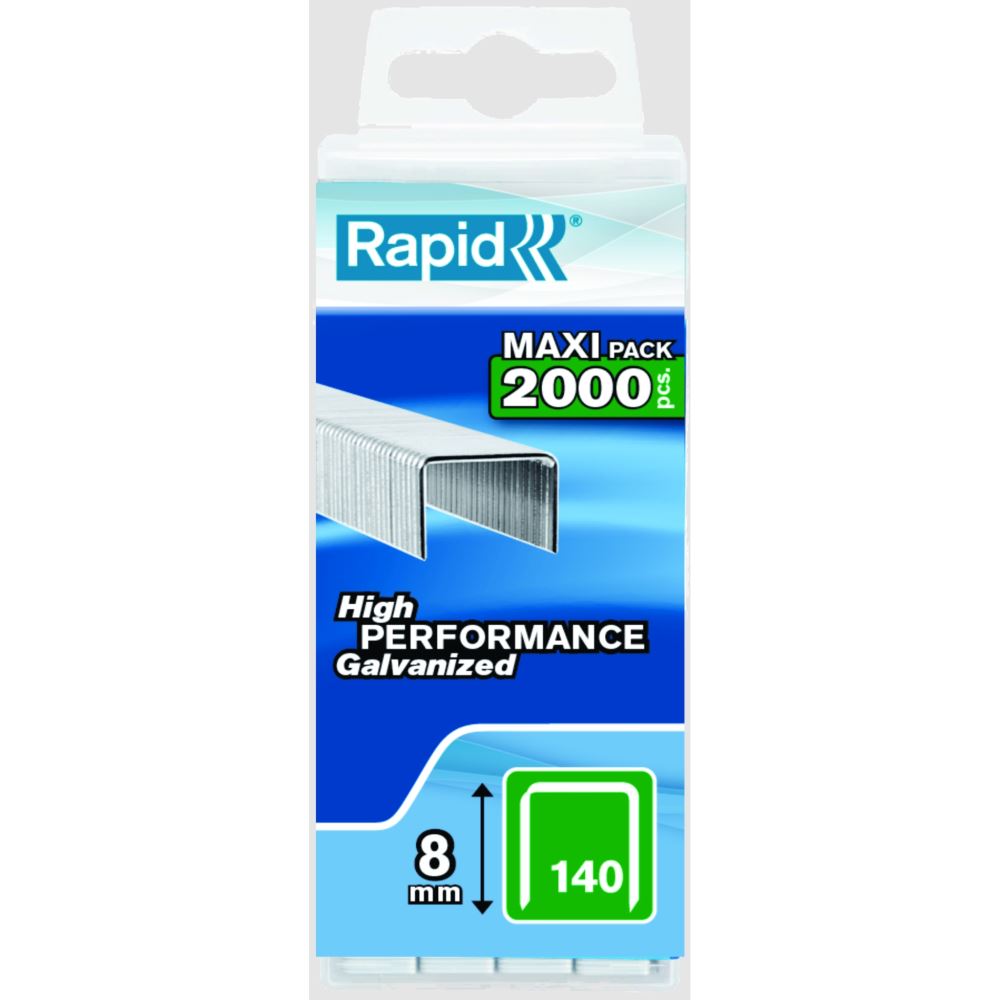 Rapid Staples 140/8 in plastic box, with 2000 galvanized flat wire staples for strong, reliable stapling of non-fibrous materials.