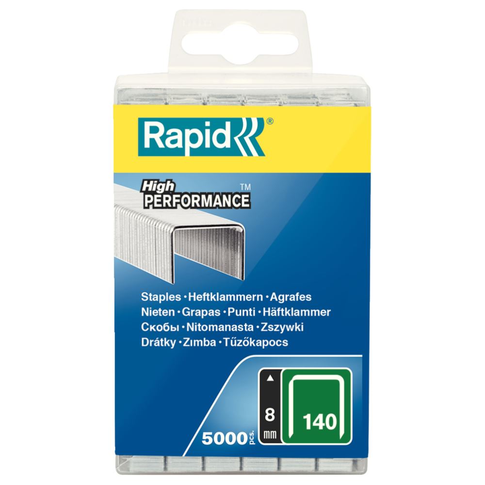 Rapid Staples 140/8 pack of 5000 durable flat wire staples in a plastic box, ideal for heavy-duty stapling tasks.