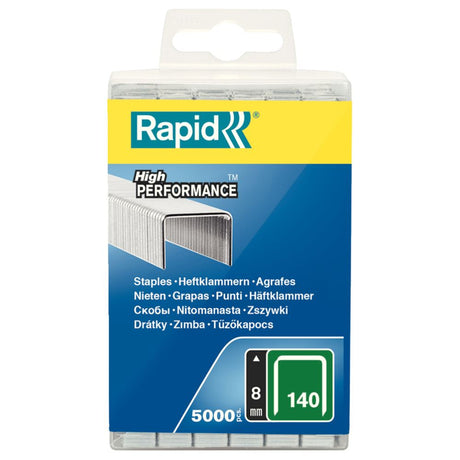 Rapid Staples 140/8 pack of 5000 durable flat wire staples in a plastic box, ideal for heavy-duty stapling tasks.