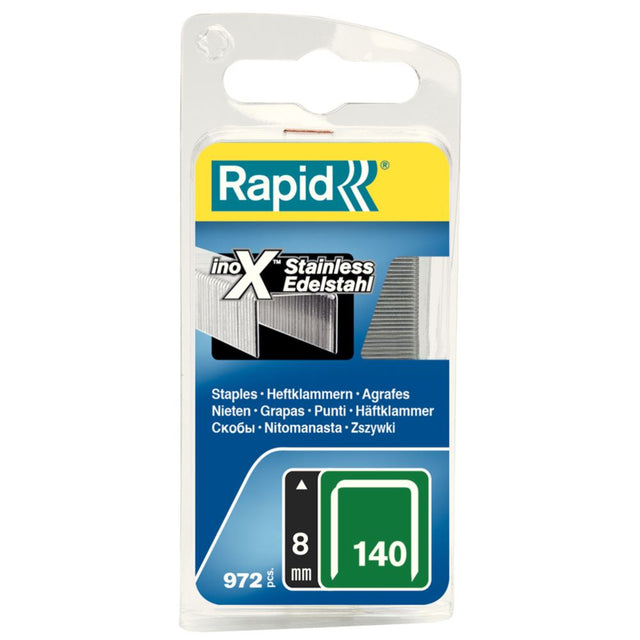 Rapid Staples 140/8: 972 durable stainless steel staples for reliable heavy-duty stapling, 8mm leg length, corrosion-resistant.