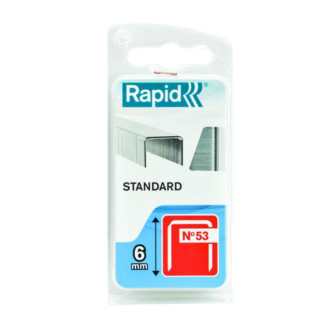 Box of 2500 Rapid Staples 53/6 Mini, featuring thin wire design for discreet stapling and ideal for textiles.