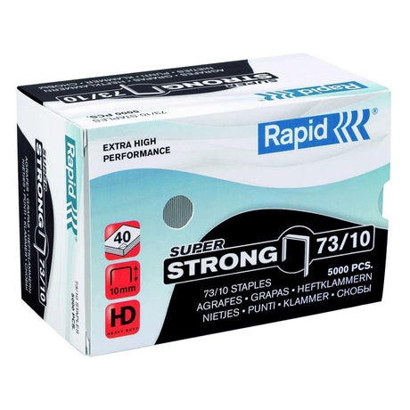 Pack of 5000 Rapid Staples 73/10, 10mm leg length, designed for heavy-duty stapling of 10-40 sheets.
