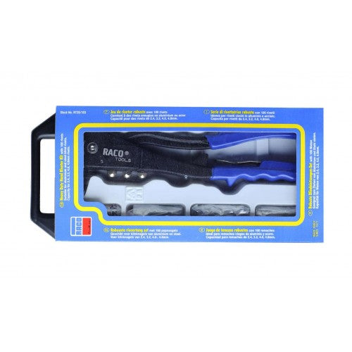 Raco Rt20/103 Hand Riveter Kit featuring heavy-duty aluminum body, four nozzles for various rivet sizes, and lightweight design.