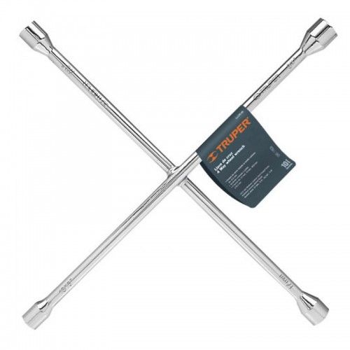 4-way wheel brace featuring polished chrome finish, accommodating multiple lug nut sizes for easy tire changes.