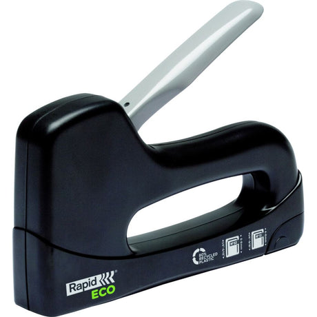 Rapid Eco Tacker Recycled Black staple gun in sleek design, made from eco-friendly materials, compatible with 4-8mm staples.