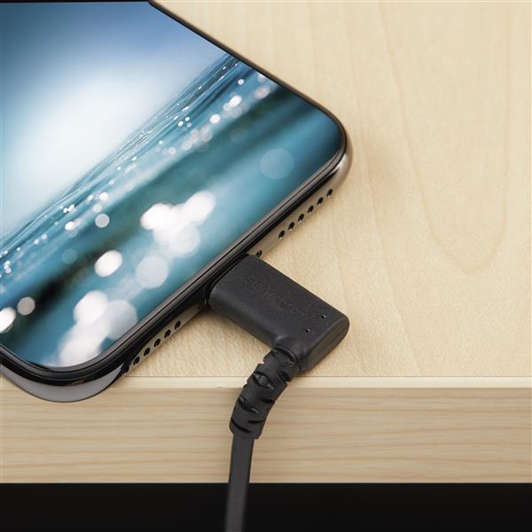 Durable 2m right angle USB A to Lightning cable, MFi certified, flexible, heavy-duty, perfect for Apple devices.