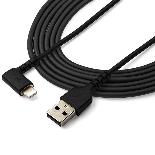 Durable 2m Right Angle USB A to Lightning Cable designed for Apple devices, offering flexibility and heavy-duty construction.