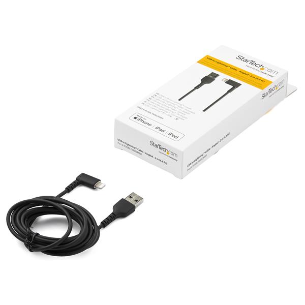 Durable 2m Right Angle USB A to Lightning Cable, Apple MFi Certified, flexible, heavy-duty design for reliable charging.