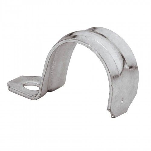 Galvanised single hole pipe saddles, 32mm, durable steel for plumbing and electrical support, bag of 5 for versatile use.