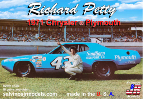 Detailed diecast model of Richard Petty's 1971 Plymouth Chrysler, celebrating Daytona 500 victory with vibrant colors.