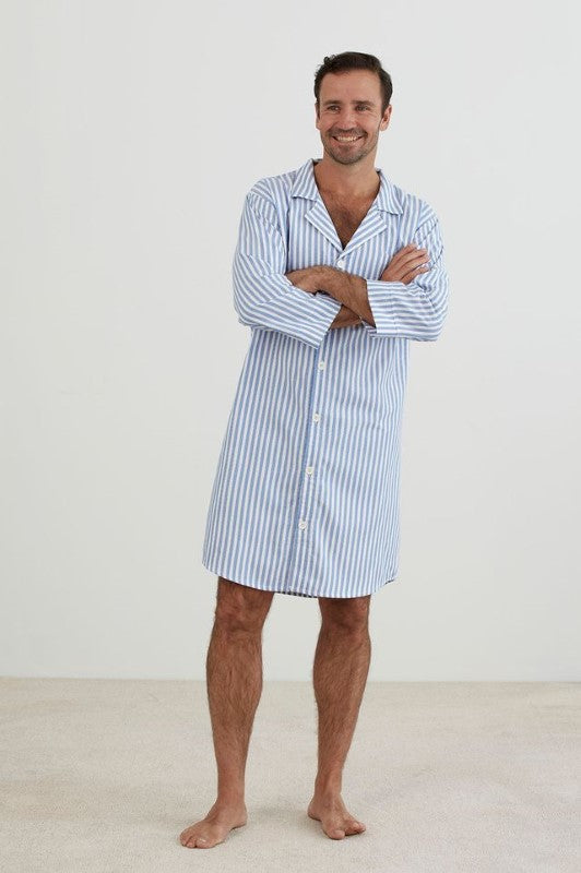 Blue and white striped XL Harry nightshirt by BAKSANA, featuring a classic collar, long sleeves, and pocket for comfort.