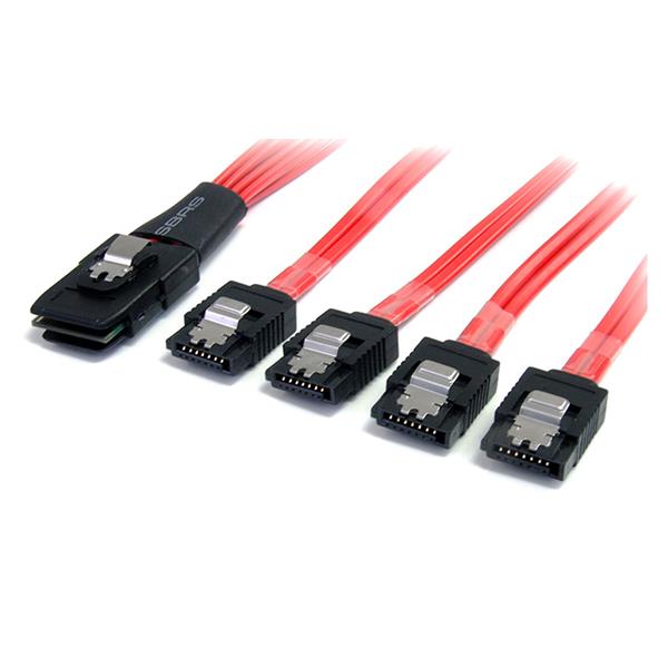 50cm Mini-SAS to SATA cable connecting SFF-8087 to 4 latching SATA HDDs for high-speed data transfers.