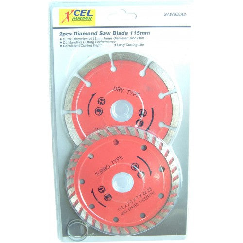Diamond Circular Saw Blade Set 2 Pce featuring 115mm blades for precise cuts in concrete, masonry, and more.