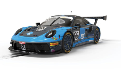Scalextric Porsche 911 GT3 in blue and grey, showcasing Team Parker Racing's 2022 British GT Championship livery.