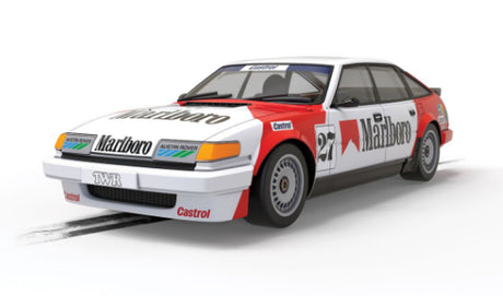 Detailed Scalextric model of the Rover SD1 '85, celebrating Jean-Louis Schlesser's victory in French Supertourisme.