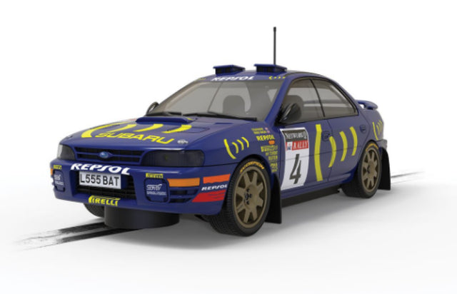 Detailed Scalextric model of Subaru Impreza WRX McRae '95, celebrating Colin McRae's 1995 World Championship win.