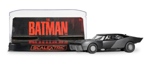 Scalextric Batmobile model from 'The Batman' 2022, featuring a sleek design and authentic black livery for thrilling racing.