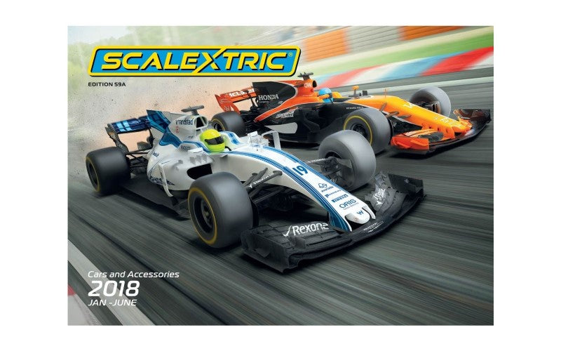 zScalextric 2018 Jan-Jun Catalog showcasing slot cars, track designs, and accessories for racing enthusiasts.