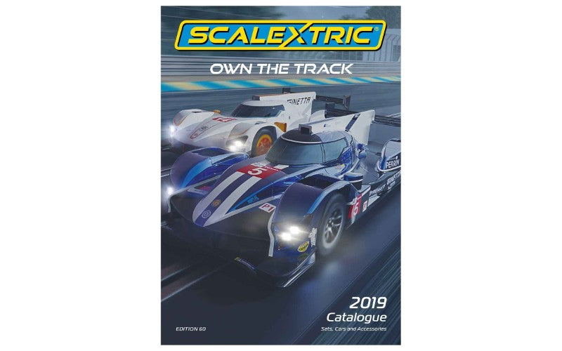 zScalextric 2019 Catalogue featuring thrilling slot car racing designs, layouts, and latest car offerings for enthusiasts.