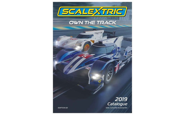 zScalextric 2019 Catalogue featuring thrilling slot car racing designs, layouts, and latest car offerings for enthusiasts.