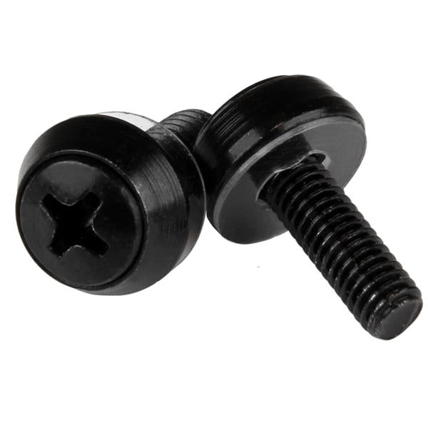 Black M5 x 12mm mounting screws in a 50 pack, perfect for server racks, cabinets, and AV installations.