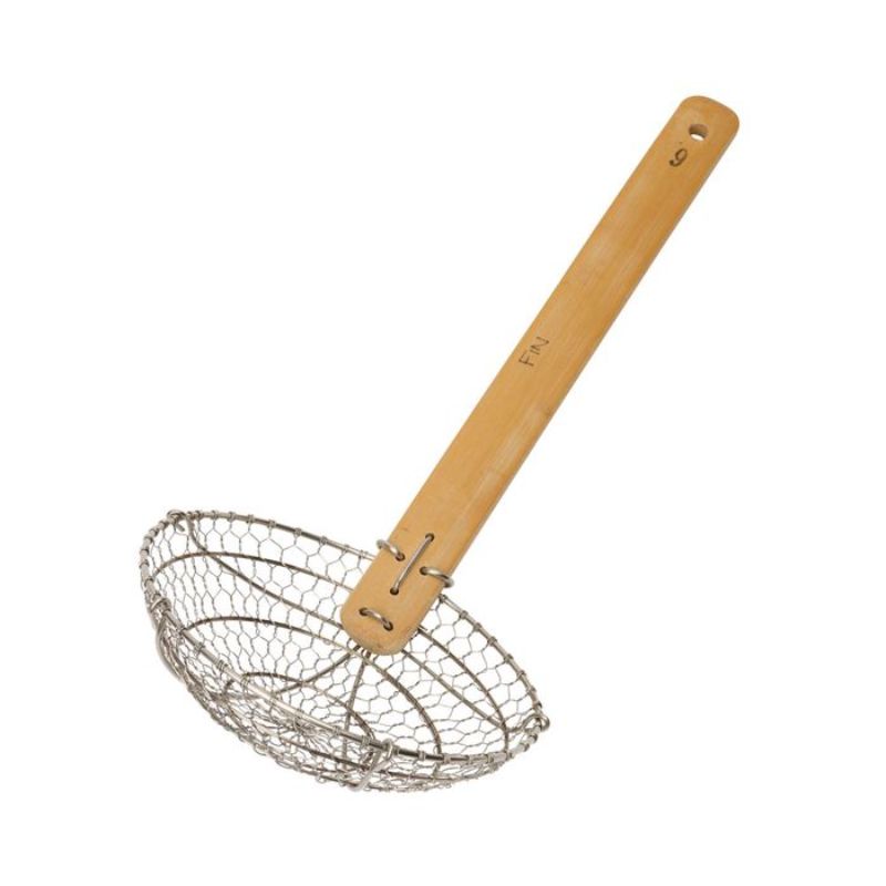 38cm metal wok strainer with bamboo handle, perfect for Asian cooking, poaching, and deep frying.