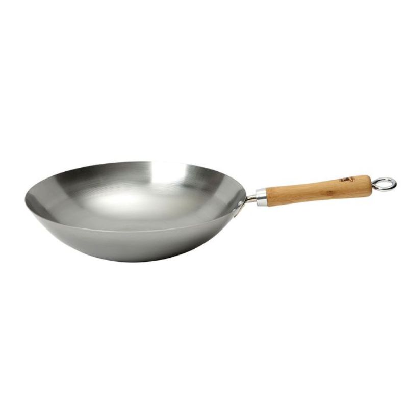 13-inch carbon steel wok with bamboo handle, perfect for traditional Asian cooking and creating smoky flavors.