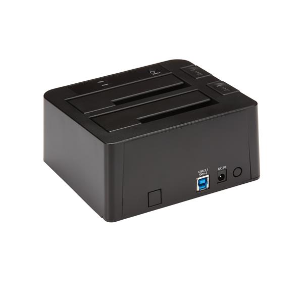 USB 3.1 Dual-Bay Dock for SATA SSD/HDDs with 10Gbps speed, tool-free top-loading design, supports up to 12TB total storage.