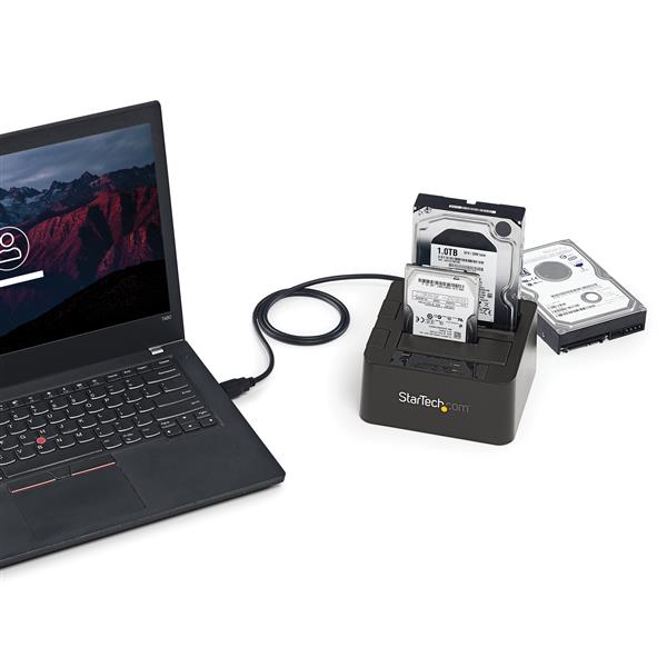 USB 3.1 Dual-Bay Dock for SSDs/HDDs with 10Gbps speeds, supports up to 12TB, features top-loading design for easy access.