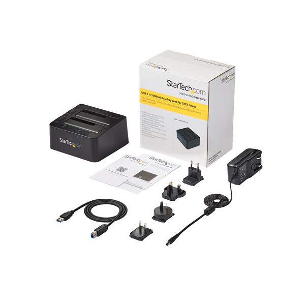 USB 3.1 Dual-Bay Dock for 2.5/3.5 SSD/HDDs with 10Gbps speed, easy top-loading design, and safe drive ejection button.