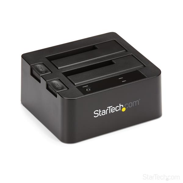 USB 3.1 Dual-Bay Dock for SSD/HDDs, top-loading design, 10Gbps speeds, supports up to 12TB storage capacity.