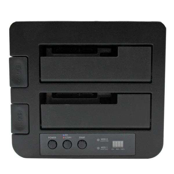 USB 3.0 eSATA dual bay dock for HDD/SSD cloning, supports 2.5 & 3.5 inch drives, 6 Gbps speed, user-friendly design.