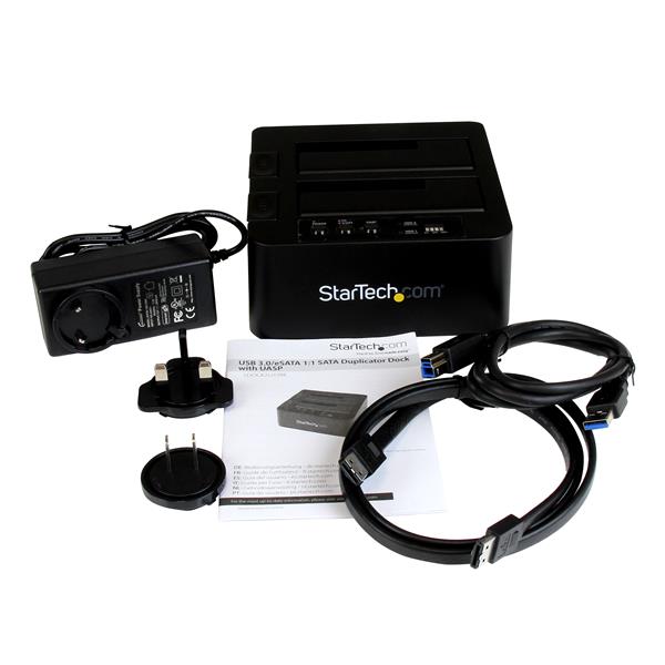 USB 3.0 eSATA dual bay HDD/SSD duplicator dock for seamless data cloning up to 6 Gbps, supporting 2.5/3.5-inch drives.