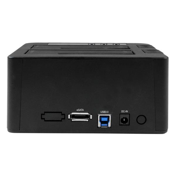 USB 3.0 eSATA dual bay HDD/SSD duplicator dock for fast, standalone cloning of SATA drives up to 4TB.