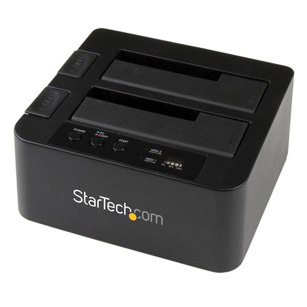 USB 3.0 eSATA dual bay duplicator dock for fast HDD/SSD cloning with 6 Gbps transfer speed and user-friendly design.