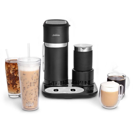 Sunbeam Iced + Hot Coffee Maker brews hot or iced coffee and includes a frother, tumbler, and accessories for personalized drinks.