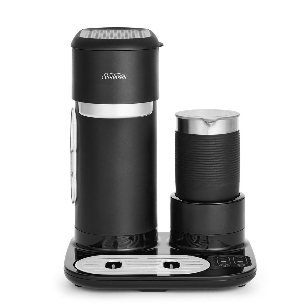 Sunbeam Iced + Hot Coffee Maker brews both hot and iced coffee with a sleek design, includes tumbler and frothing pitcher.