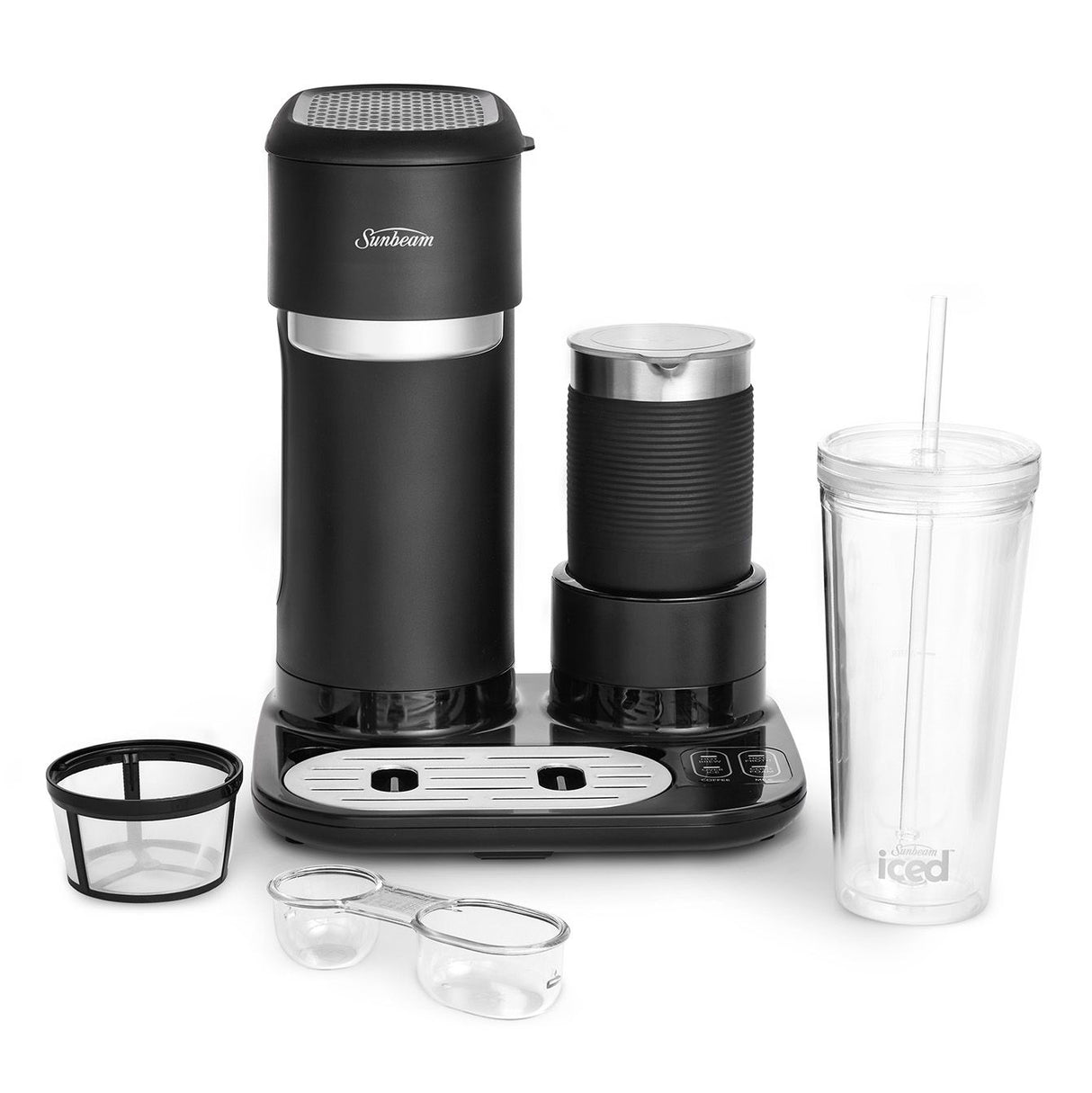 Sunbeam Iced + Hot Coffee Maker in sleek black, brews hot or iced coffee with integrated frother, includes insulated tumbler.