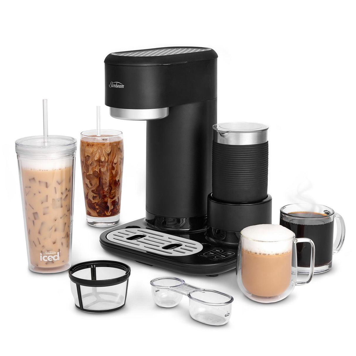 Sunbeam Iced + Hot Coffee Maker in sleek black, perfect for brewing hot or iced coffee with included frothing pitcher and tumbler.