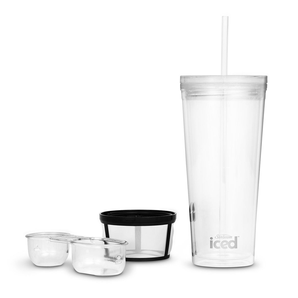 Sunbeam Iced + Hot Coffee Maker brews hot or iced coffee with integrated frother, 650ml tumbler, and sleek black design.