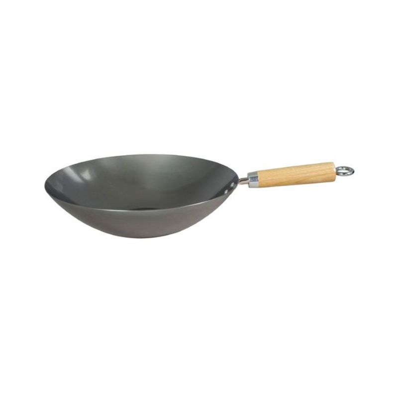 30cm heavy 1.8mm carbon steel wok with traditional wood handle, ideal for stir-frying on all hob types.