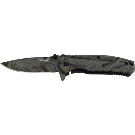 Camo Forest Pocket Knife from Summit Gear, featuring a durable stainless steel blade and multifunctional tools for outdoor adventures.