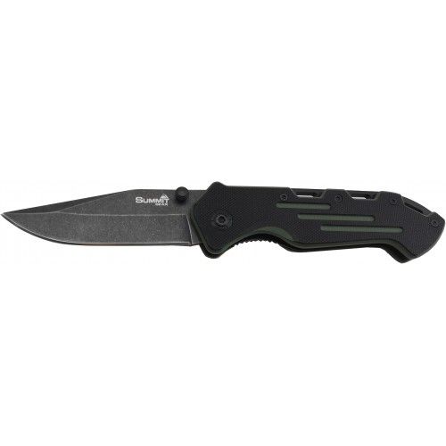 Compact pocket knife with green stripes, durable stainless steel blade, ergonomic grip for outdoor adventures.