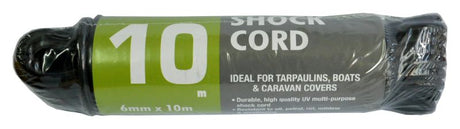 Black 6mm x 10m Xcel Shockcord for securing equipment, featuring durable polyester sheath and strong elasticity.