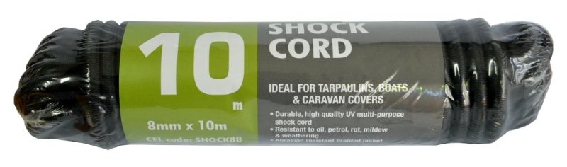 Black 8mm elastic shock cord, 10m long, strong, stretchy, ideal for securing tarps, trailers, and bike racks.